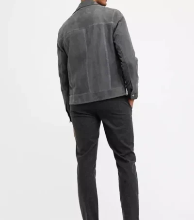 Grey Suede Leather Trucker Jacket with Front Zipper Back