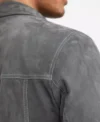 Grey Suede Leather Trucker Jacket with Front Zipper Back Look