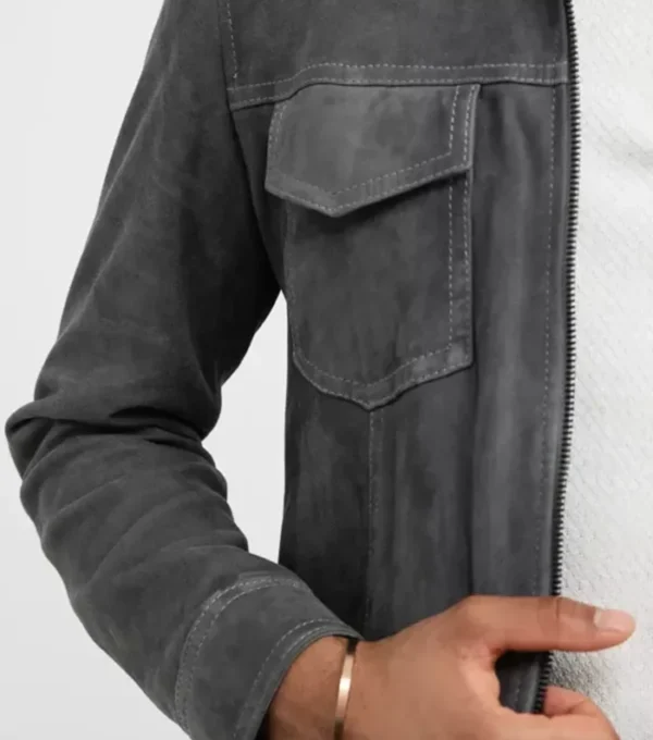 Grey Suede Leather Trucker Jacket with Front Zipper Closer