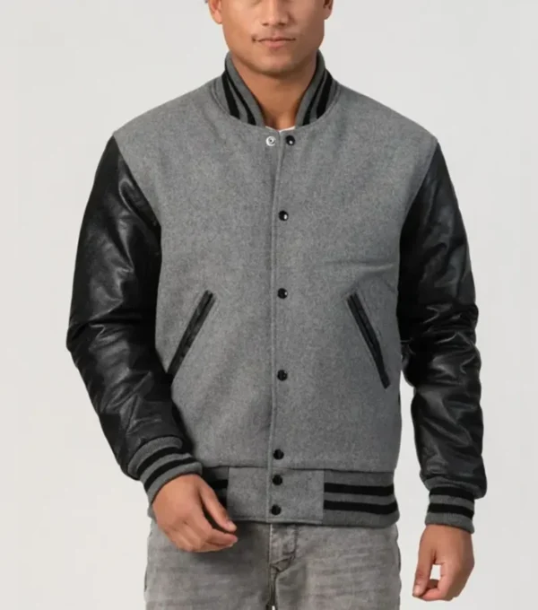 Grey Wool Varsity Jacket with Black Sleeves