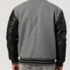 Grey Wool Varsity Jacket with Black Sleeves Back