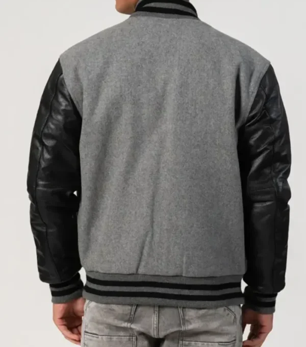 Grey Wool Varsity Jacket with Black Sleeves Back