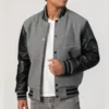 Grey Wool Varsity Jacket with Black Sleeves Front