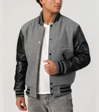 Grey Wool Varsity Jacket with Black Sleeves Front