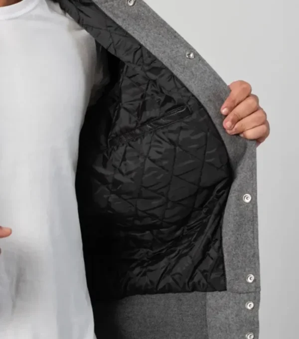 Grey Wool Varsity Jacket with Black Sleeves Inner
