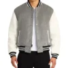 Grey Wool Varsity Jacket with White Sleeves