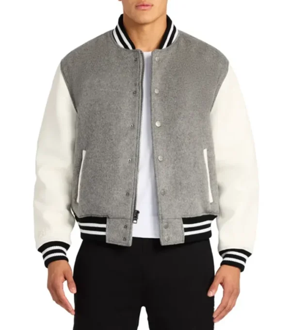 Grey Wool Varsity Jacket with White Sleeves