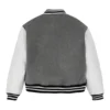 Grey Wool Varsity Jacket with White Sleeves Back