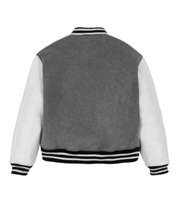Grey Wool Varsity Jacket with White Sleeves Back