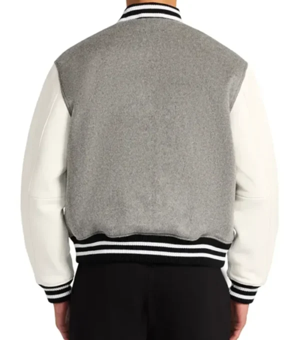 Grey Wool Varsity Jacket with White Sleeves Back Look