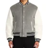 Grey Wool Varsity Jacket with White Sleeves Front