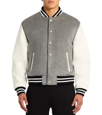 Grey Wool Varsity Jacket with White Sleeves Front