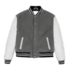 Grey Wool Varsity Jacket with White Sleeves on Sale