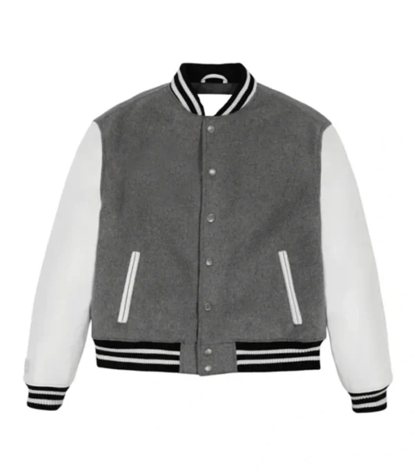 Grey Wool Varsity Jacket with White Sleeves on Sale