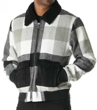 Halvorn Checkered Wool Zip-Up with Black Collar Jacket