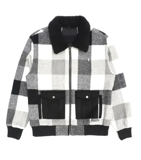 Halvorn Checkered Wool Zip-Up with Black Collar Jacket Front