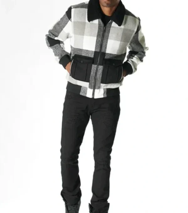 Halvorn Checkered Wool Zip-Up with Black Collar Jacket on Sale