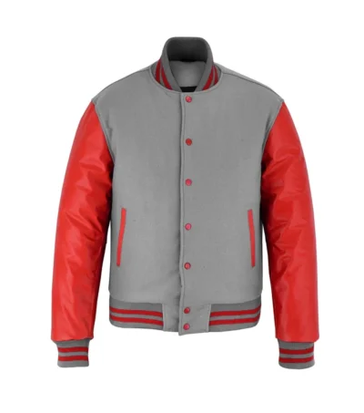 Hustle Grey Wool Varsity with Red Sleeves Jacket