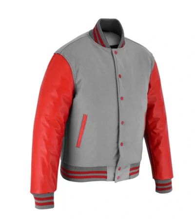 Hustle Grey Wool Varsity with Red Sleeves Jacket Side Look