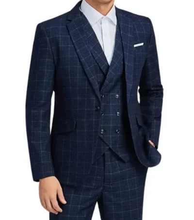 Kendrell Navy Blue Checkered Three Piece Suit Jacket