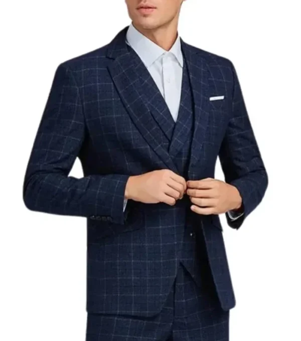 Kendrell Navy Blue Checkered Three Piece Suit Jacket Front