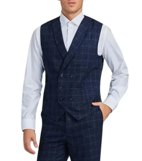 Kendrell Navy Blue Checkered Three Piece Suit Jacket on Sale