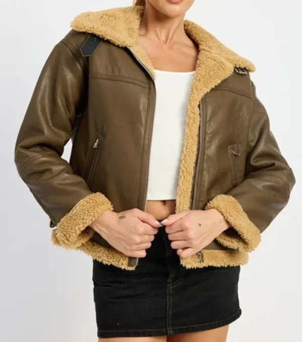 Larvella Brown Leather Shearling Trim Biker Jacket