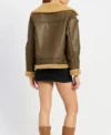 Larvella Brown Leather Shearling Trim Biker Jacket Back