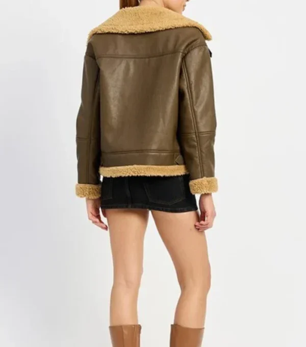 Larvella Brown Leather Shearling Trim Biker Jacket Back
