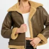Larvella Brown Leather Shearling Trim Biker Jacket Front