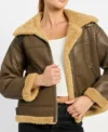 Larvella Brown Leather Shearling Trim Biker Jacket Front