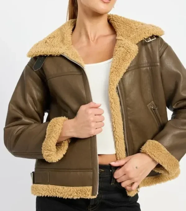 Larvella Brown Leather Shearling Trim Biker Jacket Front