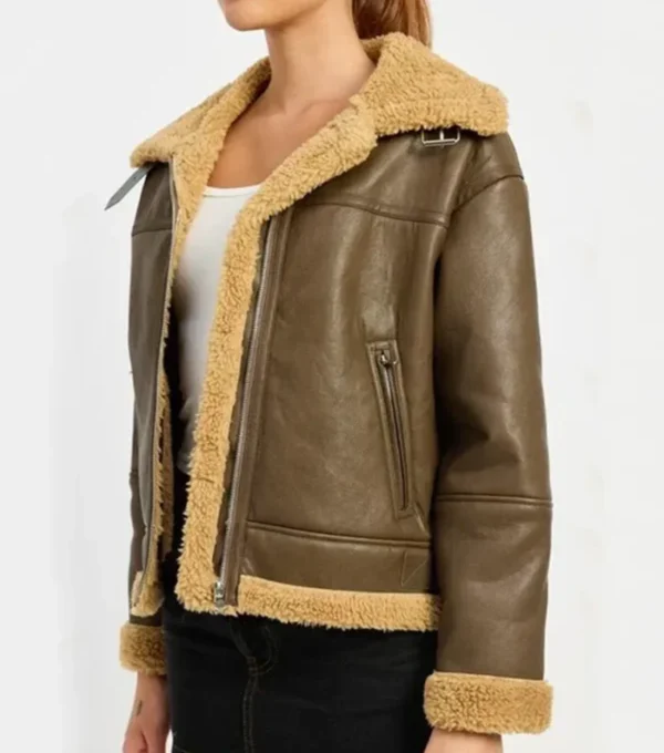Larvella Brown Leather Shearling Trim Biker Jacket Sale