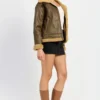 Larvella Brown Leather Shearling Trim Biker Jacket Side Look