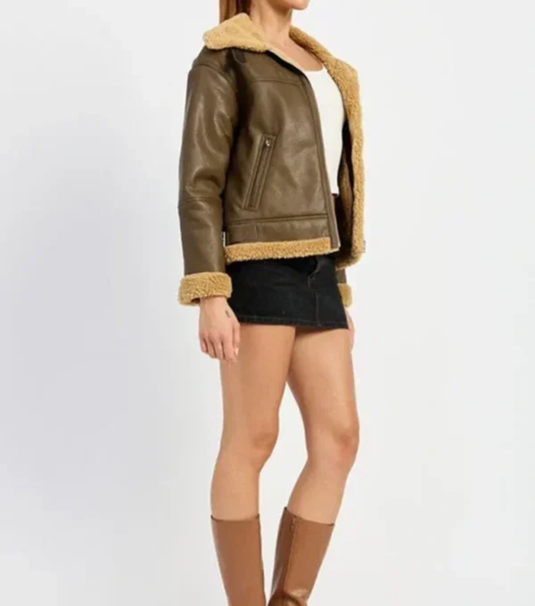 Larvella Brown Leather Shearling Trim Biker Jacket Side Look