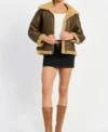 Larvella Brown Leather Shearling Trim Biker Jacket on Sale