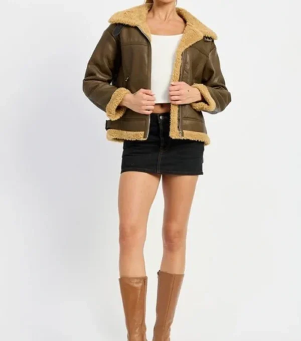Larvella Brown Leather Shearling Trim Biker Jacket on Sale
