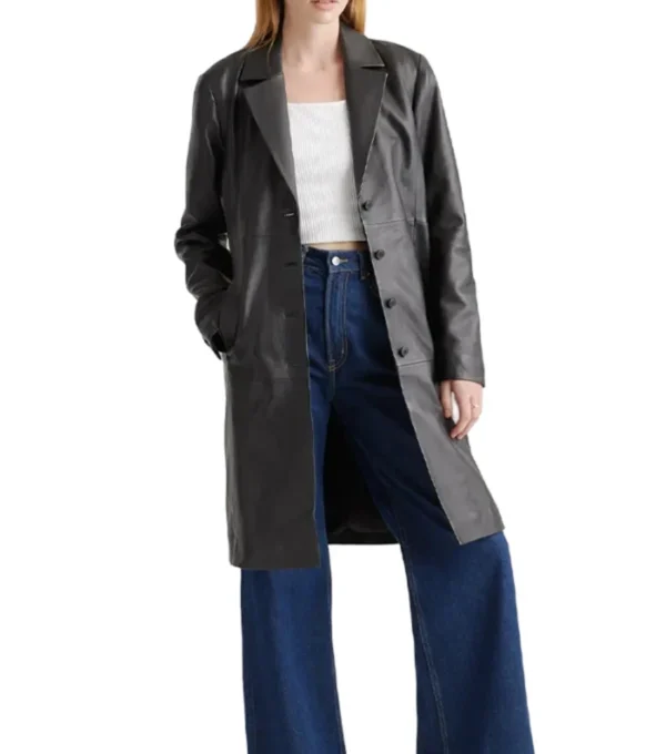 Long Black Leather Coat For Women Side Look