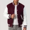 Maroon Wool Varsity Jacket with White Sleeves