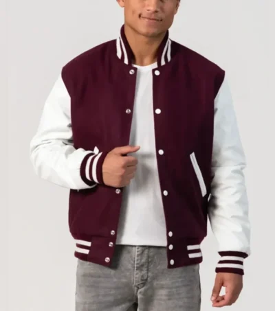 Maroon Wool Varsity Jacket with White Sleeves