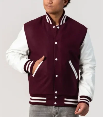 Maroon Wool Varsity Jacket with White Sleeves Front