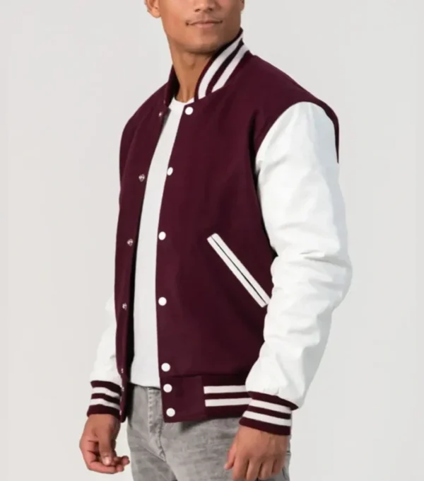 Maroon Wool Varsity Jacket with White Sleeves Side Look