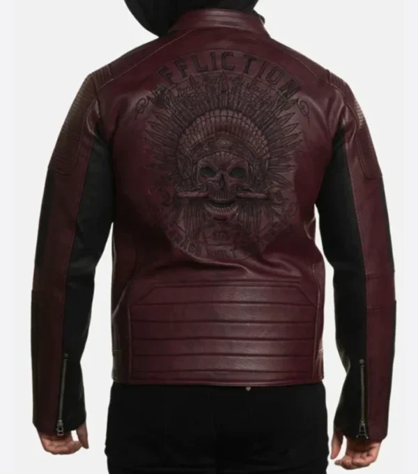 Maroon and Black Leather Jacket with Back Skull Art Back