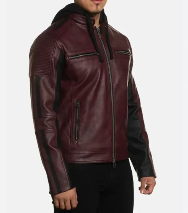 Maroon and Black Leather Jacket with Back Skull Art Side Look
