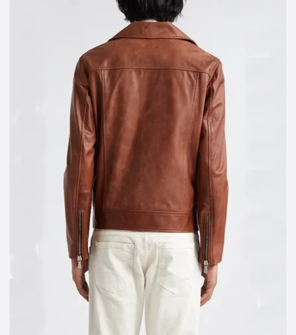 Men Brown Biker Leather Jacket Back