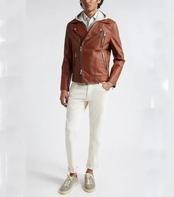 Men Brown Biker Leather Jacket Front