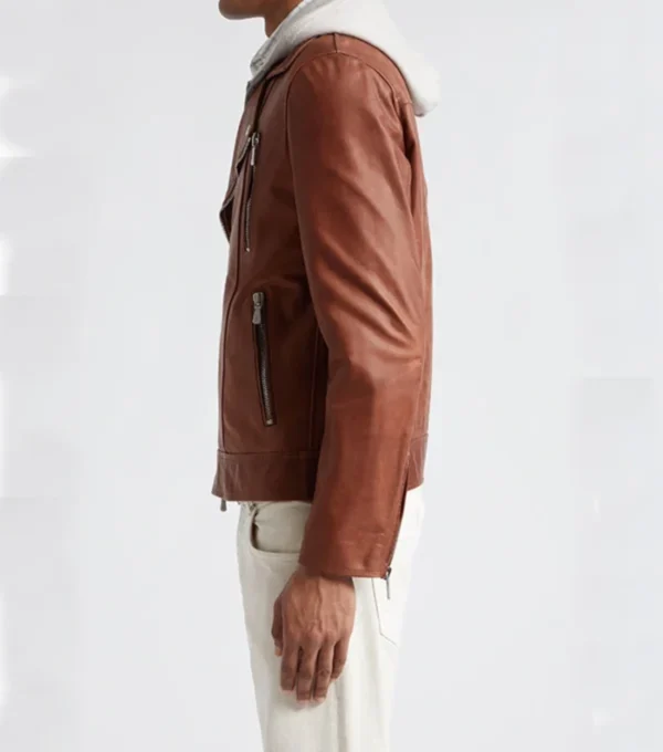 Men Brown Biker Leather Jacket Side Look