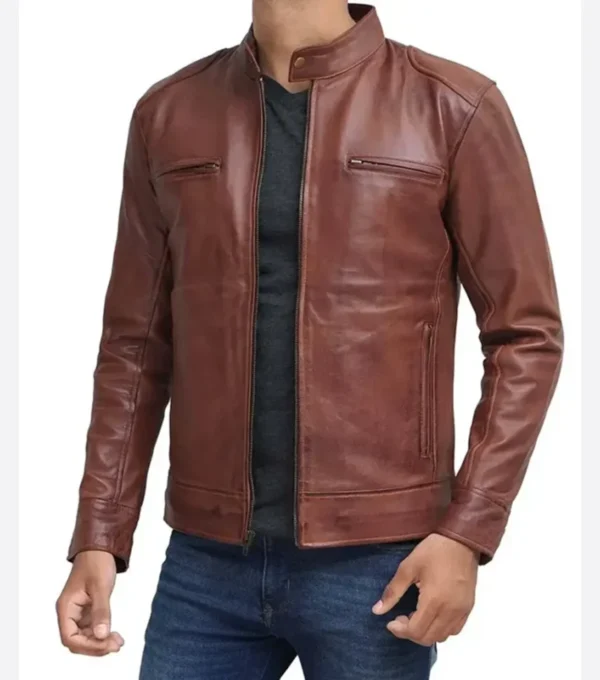 Men Brown Cafe Racer Leather Jacket