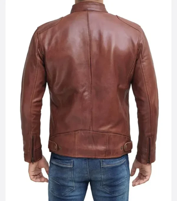 Men Brown Cafe Racer Leather Jacket Back