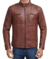 Men Brown Cafe Racer Leather Jacket Front